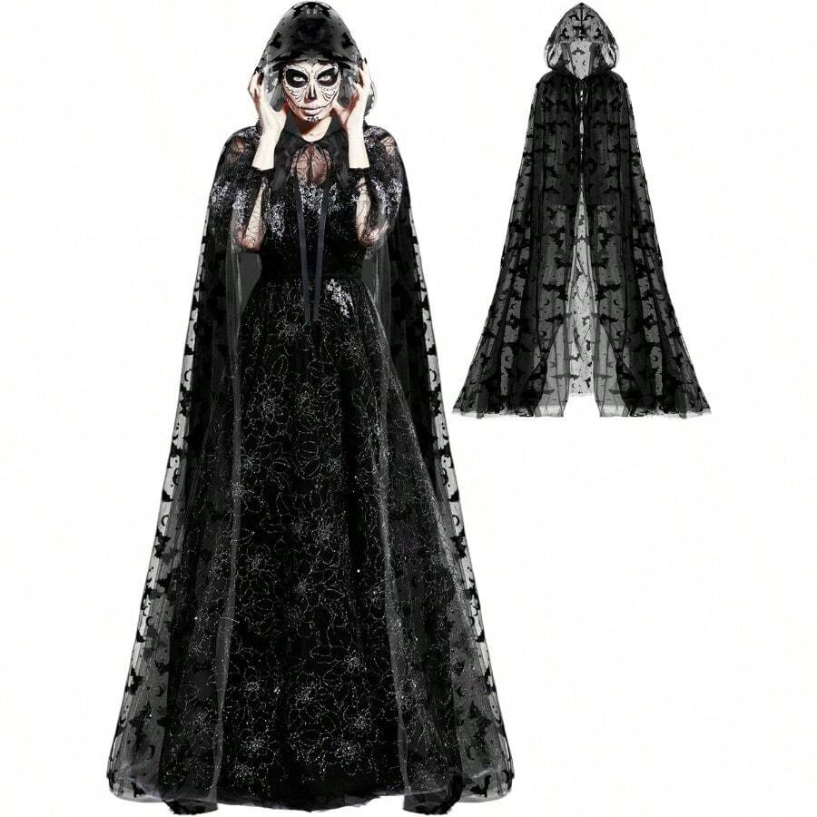 Halloween Costume Black Hooded Cape Tulle Cloak Medieval Hooded Cloak Vampire Robe With Hood For Women Cosplaygift - màu đen - Xem 1