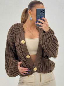 Women's Fashion Single Pocket Decoration Casual Knit Sweater Jacket, Retro Round Neck Elegant Short Top, Street Style - Brown - View 4