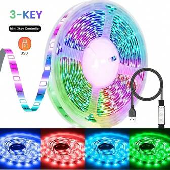 أضواء شريط LED RGB 3535 تعمل بالطاقة من USB، تغيير اللون بواسطة زر تحكم ب- 3 مفاتيح بدون جهاز تحكم عن بعد، لإضاءة خلفية التلفزيون وديكور المنزل وأجواء عيد الميلاد والحفلات