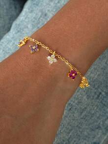 Stylever 1Pc Summer Dopamine Rainbow Candy Colorful Bracelet With Zirconia Flower Clover Light Luxury Premium Sense Niche Sense Collarbone Chain Daily Versatile Fashion - 多巴胺彩色花手鍊 - 查看 4