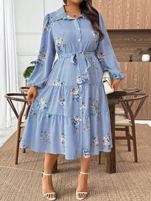 Plus Size Women Elegant Blue & White Striped Button Front Ruffle Hem Short Sleeve Shirt Dress