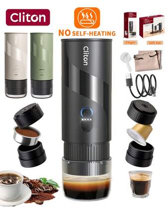 CLITON Cafetera espresso portátil (unidad individual/juego de regalo) | Negro, verde, beige | Batería recargable de 1800mAh | El juego de regalo incluye molinillo de café manual y espumador de leche | Regalo para vacaciones, Navidad, San Valentín, cumpleaños, Día de la Madre/Padre, inauguración de la casa | Compacta y portátil, adecuada para viajes, campamentos, automóvil, cocina del hogar