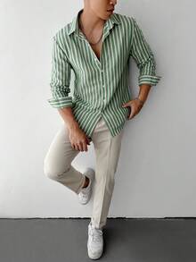 男士纹理条纹休闲长袖衬衫，秋季款 - 綠色 - 查看 1