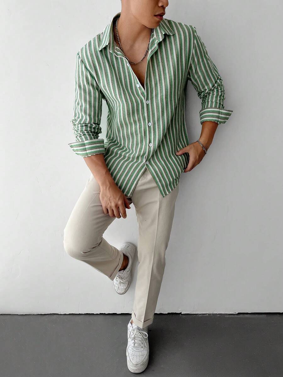 男士纹理条纹休闲长袖衬衫，秋季款 - 綠色 - 查看 1