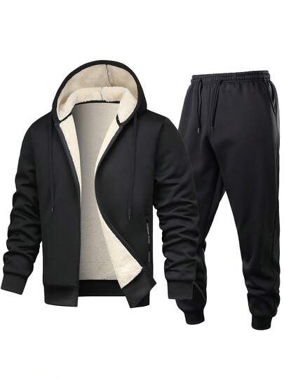 男士丝绒运动套装，连帽衫+休闲运动裤，简约设计，适合户外运动、日常穿着、旅行、秋冬季穿着。