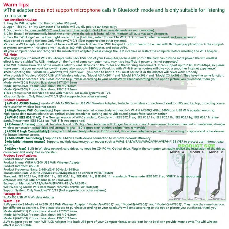 KZ WIFI 6 USB 适配器 AX300 网卡 USB 加密狗 2.4GHz 286Mbps 无线接收器，带天线，兼容 Win7/10/11，即插即用 - 黑色 - 查看 3