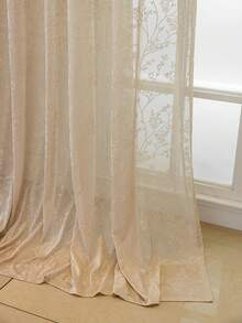 1pc European Style Flocked Sakura Pattern Curtain Sheer Panel For Living Room, Bedroom, Balcony, Dining Room, Thickened Semi-Transparent Partition Curtain, Jacquard Simple European Style Grey Curtain Home Decor - Beige - View 7