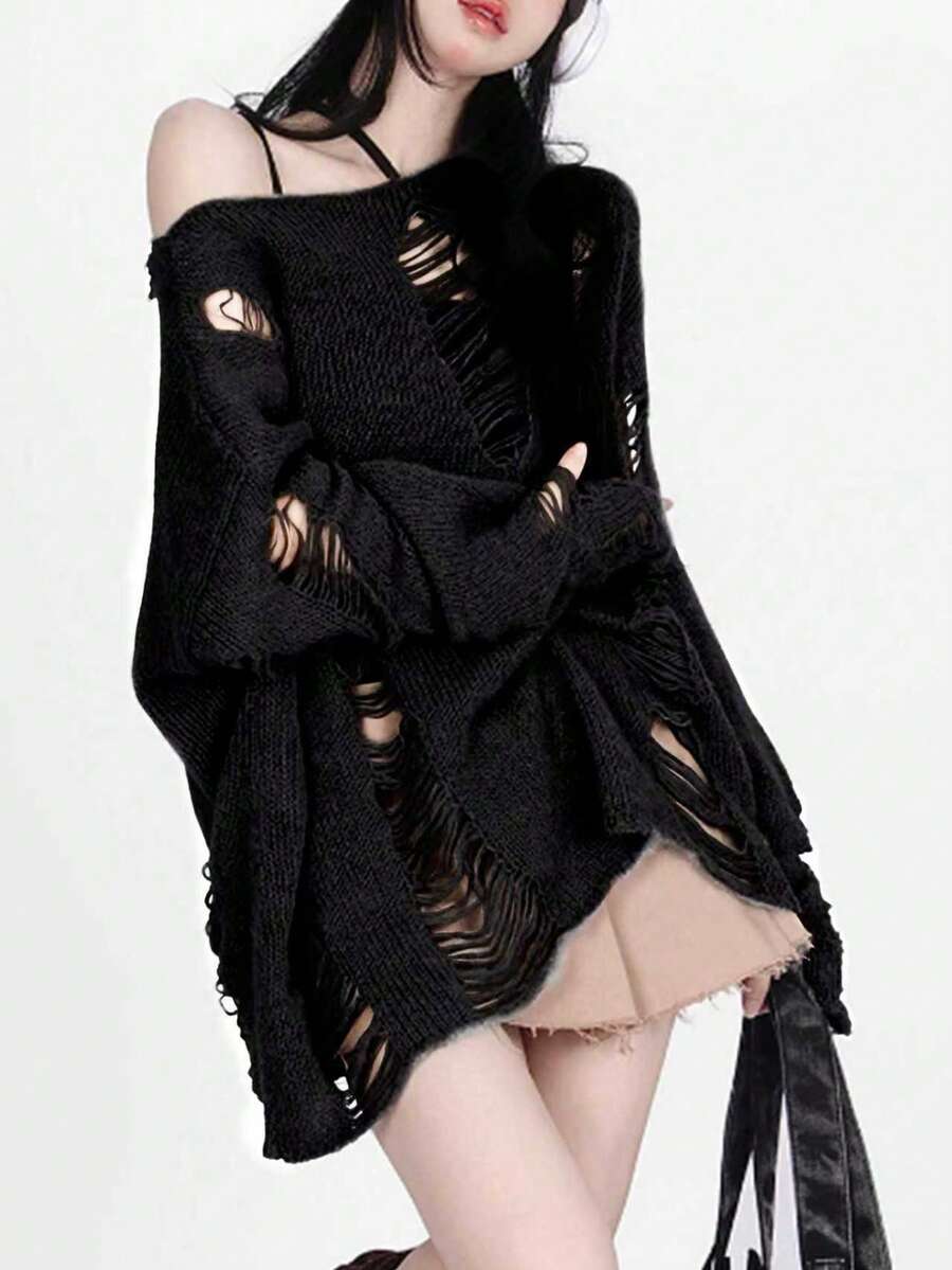 小众不对称肩部休闲宽松针织衫套装，女士秋季做旧镂空长袖上衣，黑色，春季款 - 黑色 - 查看 1