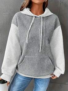 Plus Size Women Solid Color Jacquard Knit Loose Casual Sweatshirt Spring Vacation - White Ash - View 3