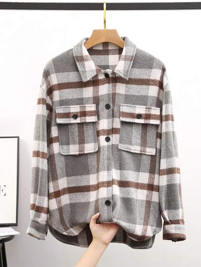 Damen Kariertes Hemd-Jacke mit Taschen und Knöpfen, Langarm, Kragen, lässige minimalistische Mode Outdoorjacke für Herbst/Winter