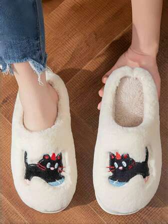 Söta kattpar med plyschfodrade tofflor, lämpliga för höst/vinter, hem, sovrum, inomhus, tjock sula, platta, halkfria, moderiktiga, mångsidiga, pälsiga damtofflor, inomhustofflor, sovrumstofflor, tecknade damtofflor, vinterherrtofflor, herrtofflor, damtofflor, bekväma mjuka tofflor, vita tofflor