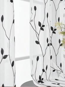 Floral Embroidered Sheer Curtain Simple White Transparent Curtain With Rod Pocket Embroidered Vine Floral Pattern Curtain Semi-Sheer Linen-Like Voile Curtain For Bedroom, Living Room