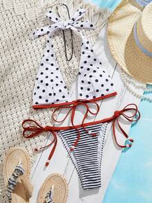 女士泳衣性感时尚白色两件套挂脖露背夏季沙滩比基尼套装随机印花 - 白色 - 查看 1