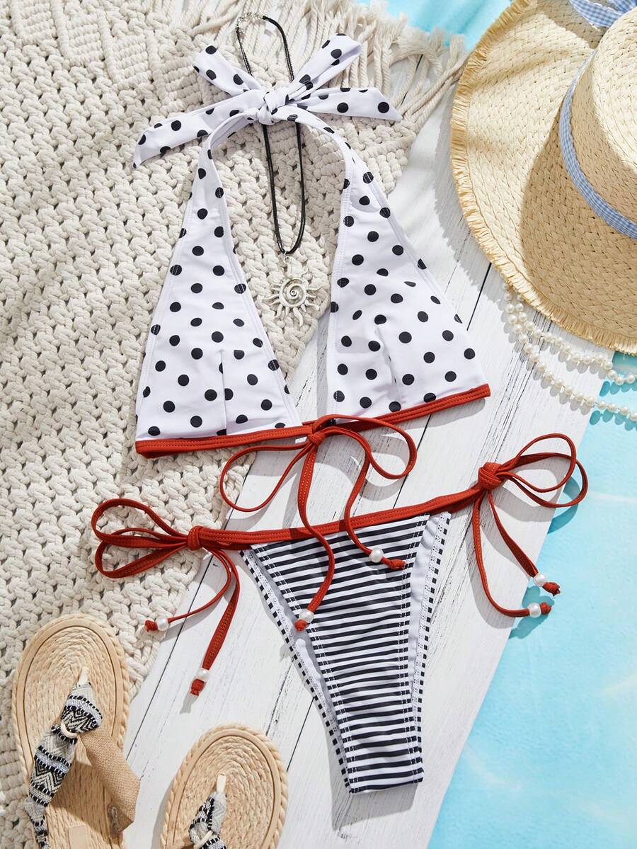 女士泳衣性感时尚白色两件套挂脖露背夏季沙滩比基尼套装随机印花 - 白色 - 查看 1