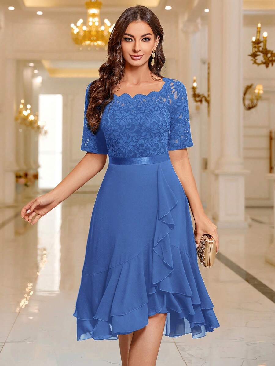 MIUSOL Đầm cocktail cổ thuyền phối ren hoa, viền bèo nhún, thích hợp cho tiệc cưới, mùa xuân.