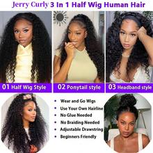 ZHENDEFA 3-In-1 Reversible Jerry Curl Wig, Real Human Hair, Seamless Flip-Over Wig With Adjustable Drawstring, Suitable For Beginners, Wet Wave Headband Wig, Women