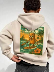 1pc Tween Boy Casual Printed Pullover Sweatshirt, Thermal Lined, Long Sleeve, Autumn/Winter - Apricot - View 1