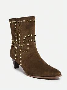 Fall/Winter 2025 New Women's Brown Suede Rivet Decor Pointed Toe Chunky Heel Short Booties,Western Boots,Kitten Heels - Brown - View 6
