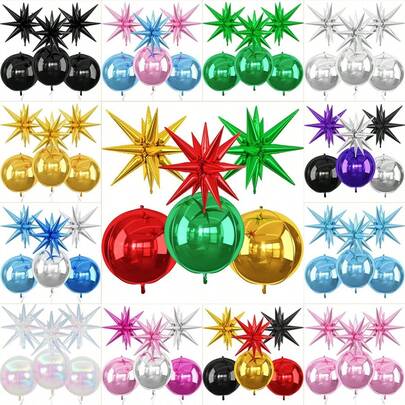 6 بالونات من الرقائق المعدنية، بالون كروي قطر 22 بوصة 4D وبالونات نجمية انفجارية للكريسماس ورأس السنة والخطوبة والزفاف وعيد الميلاد وحفلات استقبال المولود الجديد والذكرى السنوية والتخرج للديكور