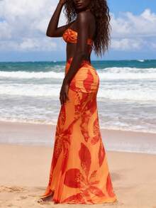3pcs/Set Elegant Women Orange Orchid Print Bandeau Bikini Set With Swim Maxi Skirt For Summer Beach Vacation Holiday Outfit