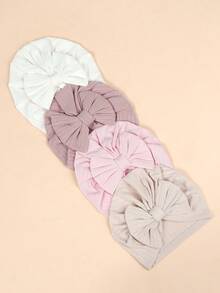 （4 件/包）新生儿纯色四向弹力帽子带蝴蝶结爱心情人节 - 彩色 - 查看 4