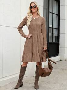 Women's Knitted Sweater Dress With Pockets, Casual Ruffle Hem, Brown Midi Dress, Suitable For Spring, Valentine's Day Party - Brown - View 7