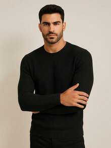 Men's Knitted Sweater, Round Neck, Long Sleeve, Basic Casual Knit Top - 淺米色 - 查看 3