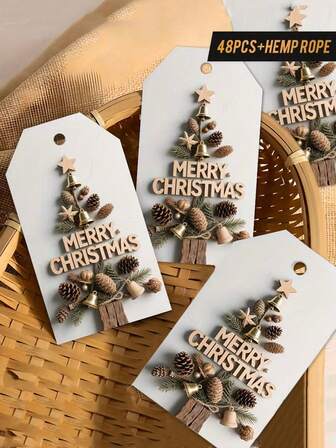 48pcs Rustic Christmas Gift Tags With Twine - Elegant Woodgrain Texture With Pine Cone & Bell Silhouettes, "Merry Christmas" Bow And Strings, For Gift Wrapping, Tree Decor, Holiday Crafts - Beige Brown Cardstock White Background, Durable And Writeable, Vintage Christmas Gift Tags, Pet Christmas Gift Tags, Animal Christmas Gift Tags, Seasonal Home Decor, Essential For DIY Enthusiasts