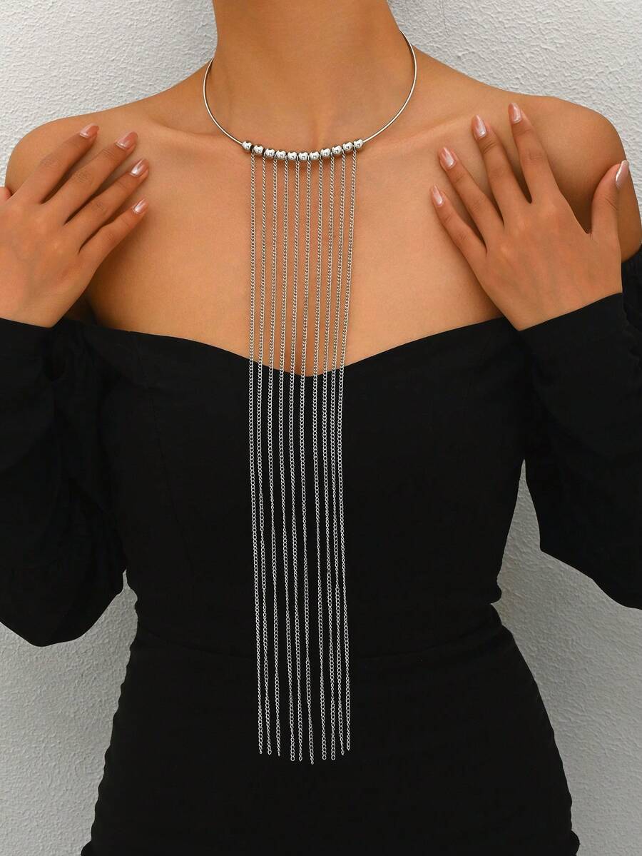 1 pezzo Elegante collana lunga da donna con catena, perline e nappine