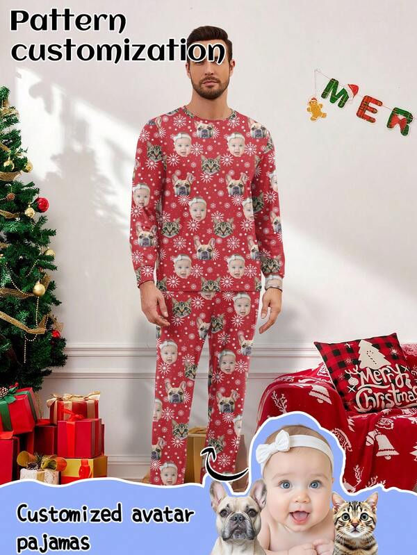 Conjunto de pijama de manga larga con retrato de dibujos animados personalizado para hombres/mujeres/niños/mascotas, ropa de estar en casa, Navidad