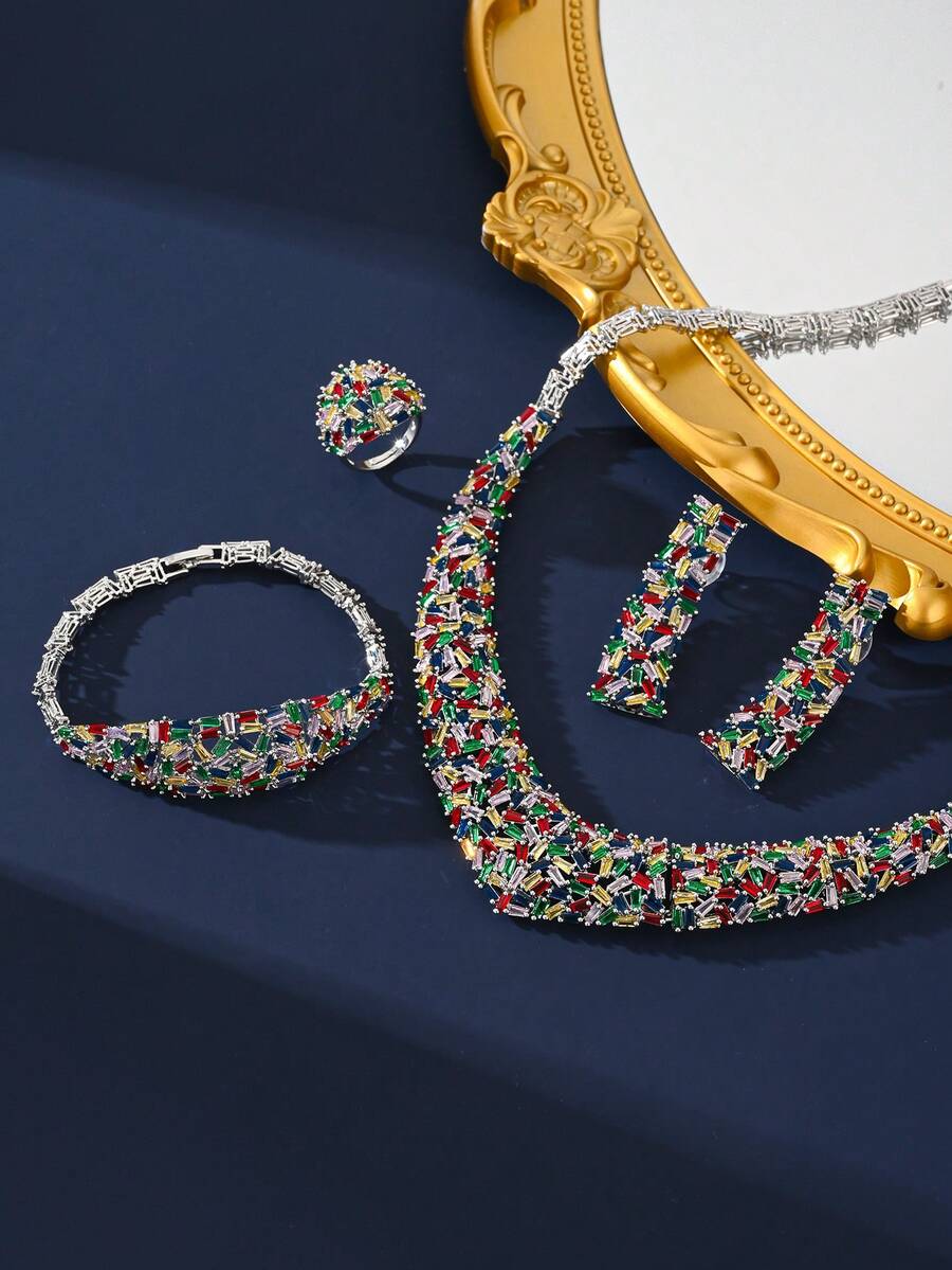 沙特阿拉伯奢华珠宝套装。镀金铜锆石微镶彩色锆石V形设计珠宝套装。新娘婚礼流行配饰，四件套晚礼服 - 彩色套裝 - 查看 1