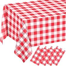 1pc/6pcs Red & White Checkered Tablecloth, 137*274cm Decorative Plaid Tablecloth, Waterproof Oil-Proof Dust-Proof Tablecloth, Oil-Proof Spill-Proof Floor Mat, Suitable For Indoor & Outdoor Wipeable Tabletop, Fit For Picnic, Farm, Birthday, Wedding Rectangle Party Table