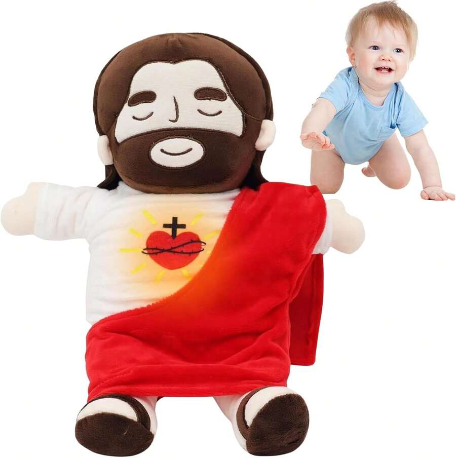 2025 Nuevo Peluche de Jesus Que Respira, Jesús Peluche para La Ansiedad, Jesús de Peluch Que Respira con Música y Luces, Suave Dios d Muñeco para Dormir, Niños y Niñas (Rojo) - Rojo - Ver 1