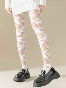 1 Piece Women's Plus Size Torn Fishnet Pantyhose - High Elasticity Asymmetric Patchwork Design With Irregular Hollow Thigh Slits, Sexy Avant-Garde Black Stockings, Suitable For Casual And Formal Outfits, Comfortable Elastic Fit (Hand Washable) - Fashionable And Cute Style