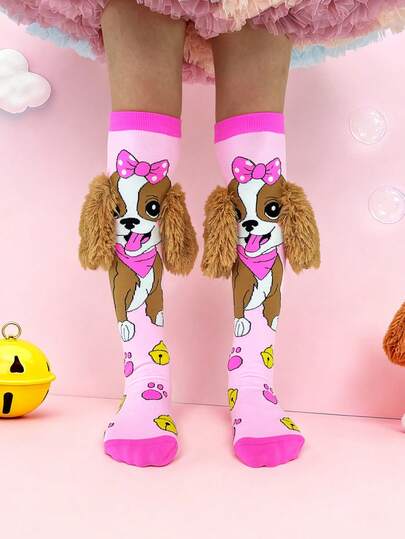 A Pair Of Children's Knee-High Socks With Pink Puppy Pattern And 3D Ear Decorations, .Kids Socks .Children's Socks. Funny Socks, Perfect For Autumn And Winter Wear. They Are An Ideal Choice For Festivals, New Year Celebrations, Outdoor Activities, Cosplay, Daily Wear, Parties, And Holiday Gifts.