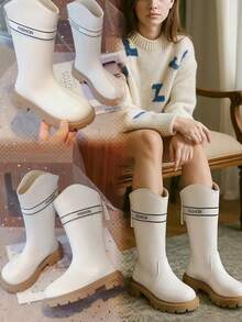 New Fashion Children's Mid-Calf Boots, Girls' Pure White Simple & Elegant Campus Boots, Comfortable Soft Lining, Thickened Soles For Added Height, Suitable For Daily Outings, Gatherings And More, Fit For Autumn/Winter Season