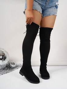 宽筒冬季新款女式过膝长靴，时尚宽松加大码黑色百搭靴子，适合宽脚、粗脚