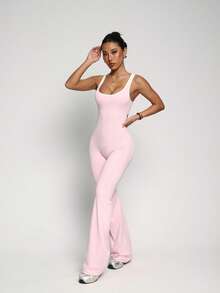 Midriff-Revealing Design, Elongates Leg Lines, Sexy Sportswear, Showcases Confident Charm, Backless Sports Jumpsuit, Cinched Waist Flare Pants Bodysuit, Butt-Lifting Activewear, Waist-Cinched Butt-Lifting Yoga Shapewear Jumpsuit - Pink - View 9