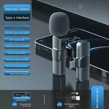 无线领夹式麦克风：具有智能降噪和 360° 拾音功能，黑色，Type-C 接口，带防风罩，一键连接，便携式领夹式麦克风，兼容 Android 智能手机/平板电脑，直播、视频博客、视频会议 - 黑色 - 查看 6