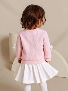 SHEIN Elladie kids V-Neck Cardigan For Baby Girls, Solid Color, Bow Decor, Long Sleeve, Button Front, Knitted Sweater Jacket, Spring/Autumn - Baby Pink - View 3