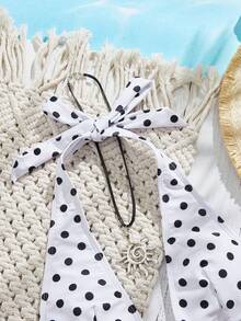 女士泳衣性感时尚白色两件套挂脖露背夏季沙滩比基尼套装随机印花 - 白色 - 查看 5