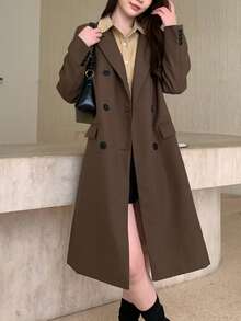 Elegant Solid Color Lapel Double-Breasted Double Pocket Jacket, Autumn - Brown - View 8
