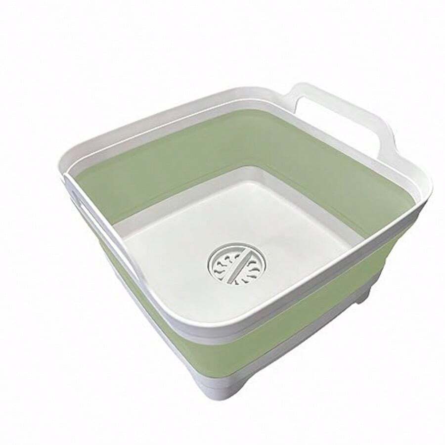 9L 2.4Gal Dish Basin Collapsible With Drain Plug Carry HandlesKitchen Storage Tray Dish Wash Basin Portable Dish Tub Foldable Dishpan For Camping RV Gray - 淺綠色 - 查看 1