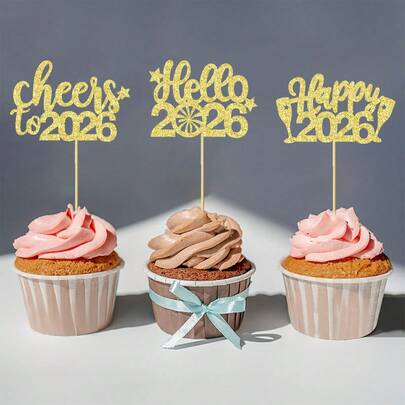 12/24 Pcs Happy New Year Cupcake Toppers Welcome 2026 Picks Fireworks Goblet Cupcake Toppers For Congratulations 2026 Happy New Year Eve Holiday Theme Holiday Party Decoration