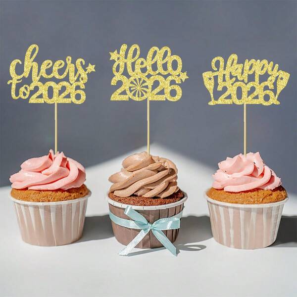 12/24 Pcs Happy New Year Cupcake Toppers Welcome 2026 Picks Fireworks Goblet Cupcake Toppers For Congratulations 2026 Happy New Year Eve Holiday Theme Holiday Party Decoration
