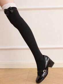 Cute Bow Lace Trim Thigh High Socks, Thin Lolita Long Tube Stockings For Women, Spring/Summer