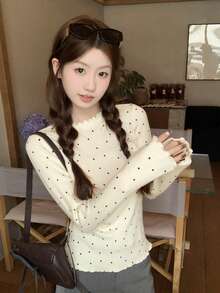 Autumn/Winter Korean Style Polka Dot Frill Trim Crew Neck Long Sleeve Knit Sweater Top (Random Polka Dot) - Apricot - View 1