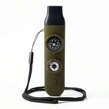 七合一生存多功能工具口哨，ABS户外安全口哨，带指南针、放大镜、信号镜、LED灯、温度计、挂绳，适用于皮划艇、划船、徒步旅行、露营、登山、钓鱼、救援。耐用的生存工具，适合冒险爱好者，户外多功能工具