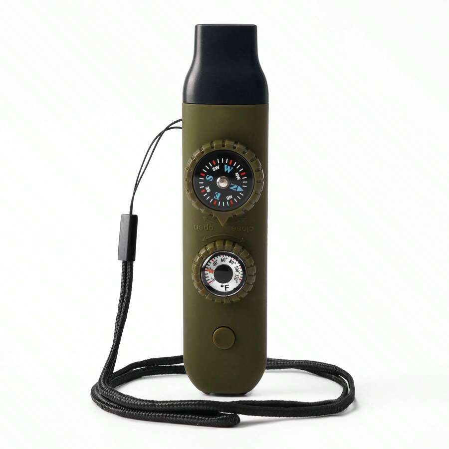 七合一生存多功能工具口哨，ABS户外安全口哨，带指南针、放大镜、信号镜、LED灯、温度计、挂绳，适用于皮划艇、划船、徒步旅行、露营、登山、钓鱼、救援。耐用的生存工具，适合冒险爱好者，户外多功能工具