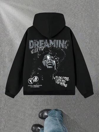 Dreaming Never Stop Girl(250g Polyester Fiber) Fashionable Men's Casual Long-Sleeve Crew Neck  Hooded Sweatshirt, Suitable For Outdoor Sports, Ideal For Autumn And Winter With Prints.